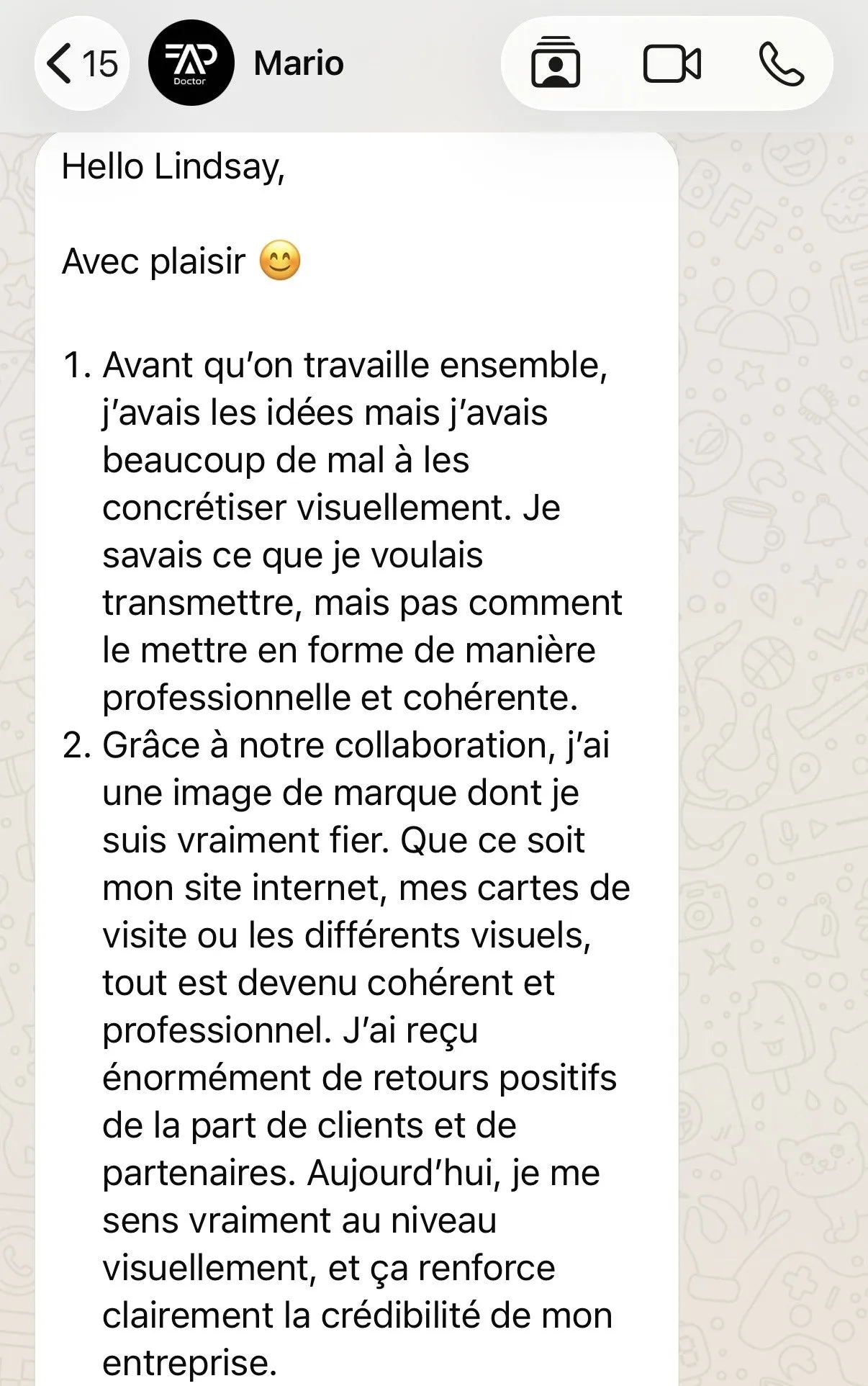 Message WhatsApp de Mario, gérant de FAP Doctor, décrivant l’avant et l’après de la collaboration