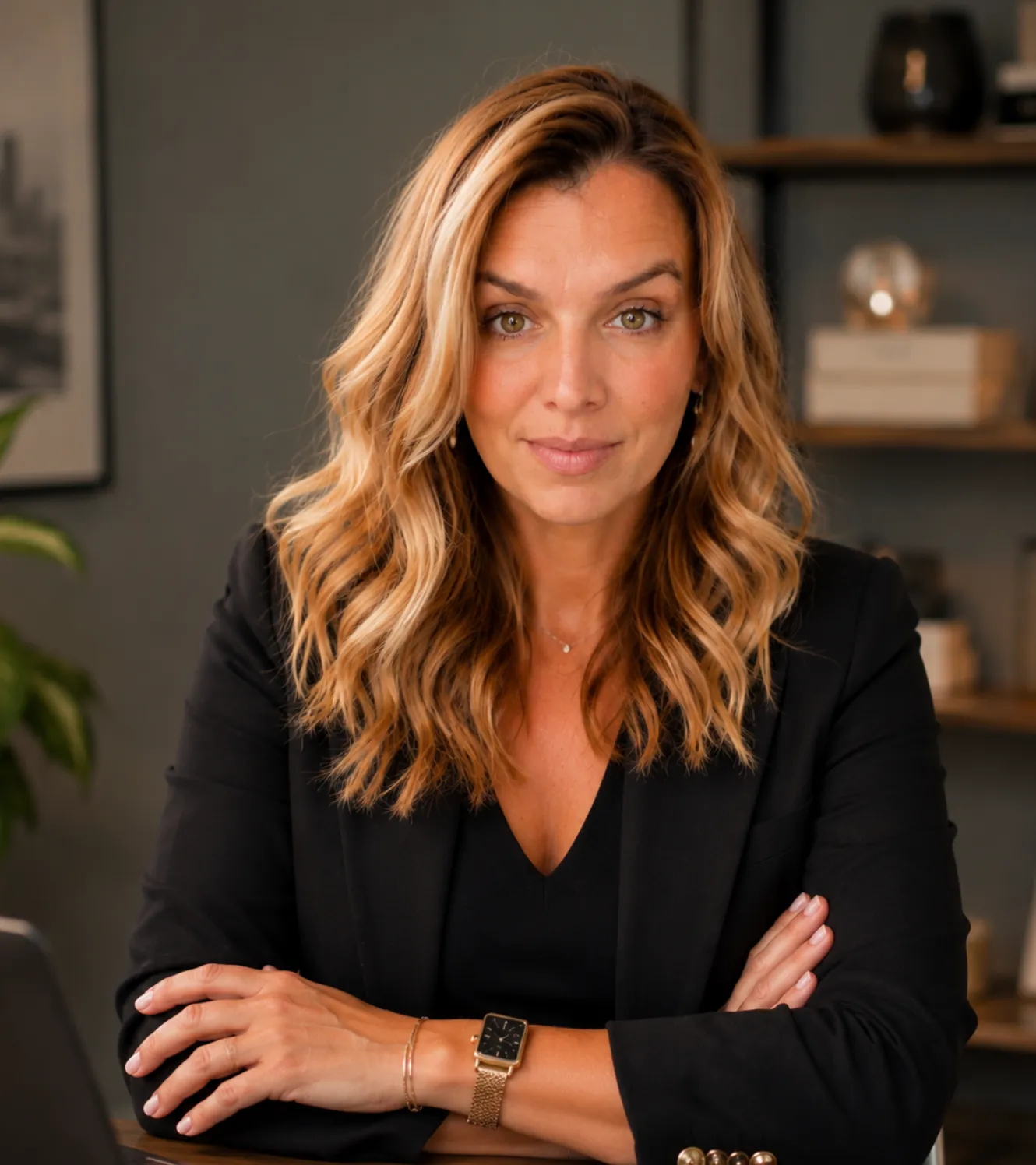 Portrait de Lindsay Jenart, fondatrice de BizGlow, bras croisés à son bureau
